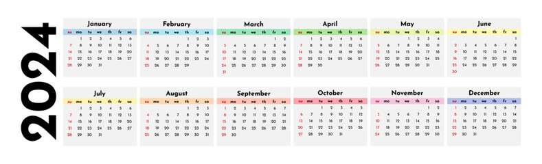Calendar for 2024 isolated on a white background