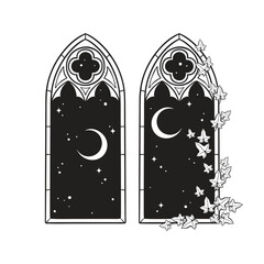 Gothic windows with poison ivy and night sky with crescent moon hand drawn line art gothic tattoo design isolated vector illustration