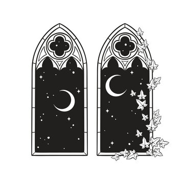 Gothic Windows With Poison Ivy And Night Sky With Crescent Moon Hand Drawn Line Art Gothic Tattoo Design Isolated Vector Illustration