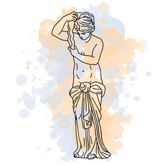 Vector illustration of antique statue of standing woman. Line art with watercolor background