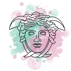 Vector illustration of classic greek sculpture of Medusa head, line art style with watercolor background
