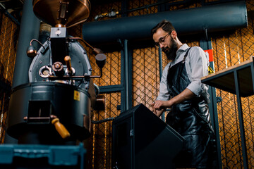 Fototapeta na wymiar a handsome young bearded man in an apron enters data into a machine for roasting coffee beans at a factory