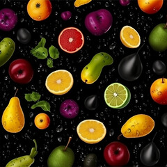 Seamless texture pattern background of healthy fruits and vegetables drops of water isolated on black background,