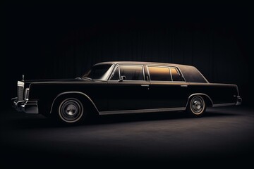 Isolated side-view of a black, boxy, vintage limousine from the 1970s/1980s with an elegant and retro appearance. Generative AI - obrazy, fototapety, plakaty