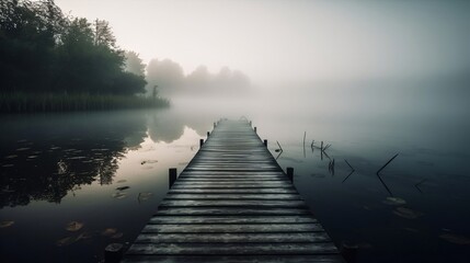 Wooden pier in misty morning by the lake. generative AI