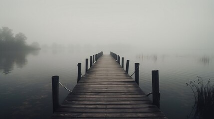 Wooden pier in misty morning by the lake. generative AI