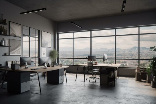Office space features gray interior, a workstation with computer and a large window offering panoramic views. Generative AI