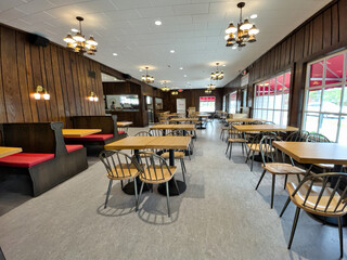 Empty dining room of restaurant during the midday break