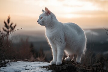 Cute Little White Cat Watching the Sunrise: A Generative Animal Portrait of Domestic Felino in the Snowy Mountains in the Morning: Generative AI