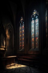 Fototapeta na wymiar Twilight Splendor: A Fantasy Magical Scene of Light Entering a Gothic Cathedral Book Library. Generative AI