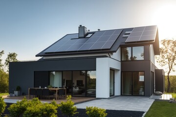 Solar panels on modern house roof, modern eco-living, AI generated