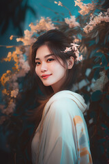 Fototapeta premium Portrait of beautiful woman with flowers petals, AI generated