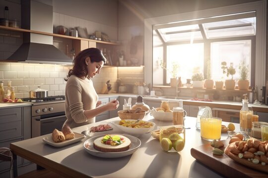 Beautiful woman preparing food at kitchen, generative AI