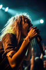 Close up of a beautiful woman rocking singer out at a concert at night, AI generated