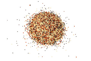 Quinoa grain pile top view isolated transparent png. Raw mixed tricolor seeds. Gluten-free cereal.
