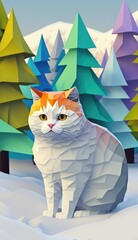 Origami 3d wallpaper, cute chubby cat on snow forest, AI generated