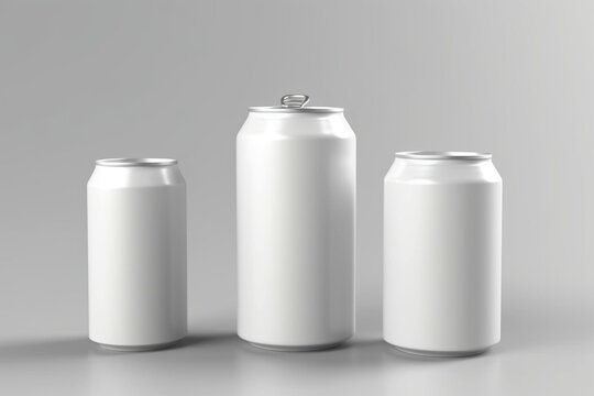 Mockup of white can for beer or soda available in different sizes. 3D image on white background. Generative AI