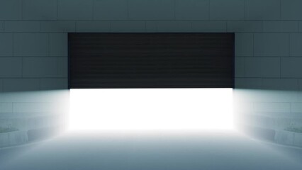 Shutter gate on wall opens to show bright light in evening - Powered by Adobe