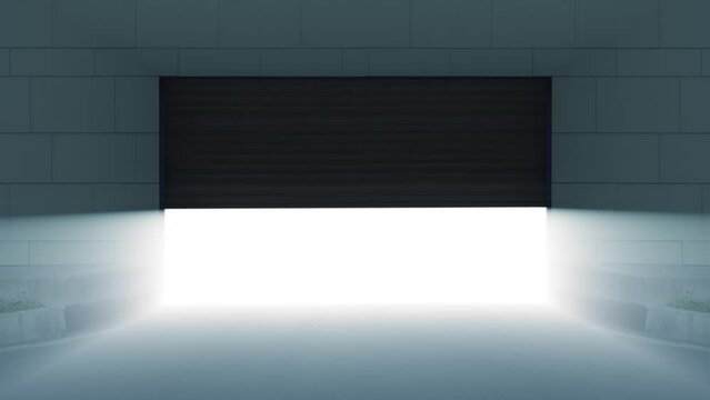 Shutter gate on wall opens to show bright light in evening