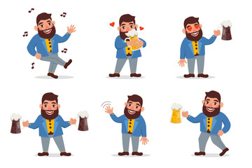 Set of funny characters of men drinking alcohol, celebrating or at a party. Vector graphic.	