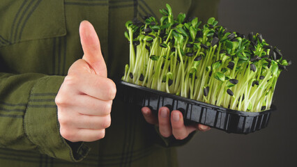 City farmer of micro greenery. A farmer woman holds a box with sunflower sprouts in her hand and shows a super thumbs up gesture.
