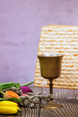 Passover festival is Jewish holiday in which unleavened bread matzah cup of kosher kiddush wine