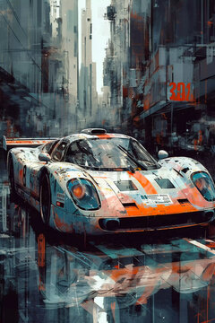 Race classic sport car on Tokyo street, airbrush and watercolor style illustration, Generative AI