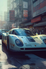 Obraz premium Race classic sport car on Tokyo street, airbrush and watercolor style illustration, Generative AI