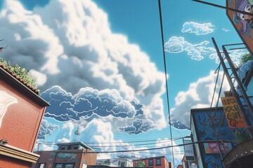 A cartoon sky scene with graffiti and weather elements. Generative AI