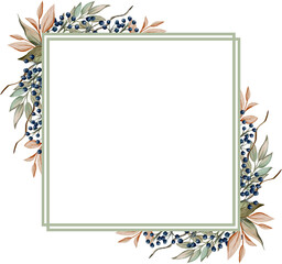 Watercolor frames with cotton, eucalyptus and leaves. Framework on a white background. Design of invitations