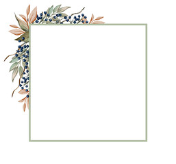 Watercolor frames with cotton, eucalyptus and leaves. Framework on a white background. Design of invitations