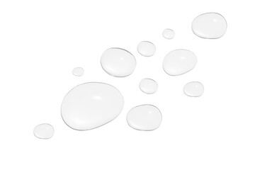 Drops of transparent gel or water in different sizes. On a white background.