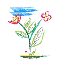 brush style design of flowers with blue sky above 