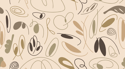 Seamless beige pattern with organic abstract elements. Hand drawn abstract colored doodles, curved strokes. Vector chaotic decorative texture. organic forms.