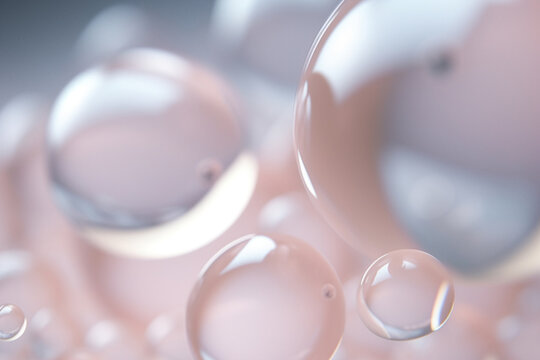 Cosmetic liquid product isolated on pastel background. Liquid essence texture with bubbles. Macro concept. Copy space. 