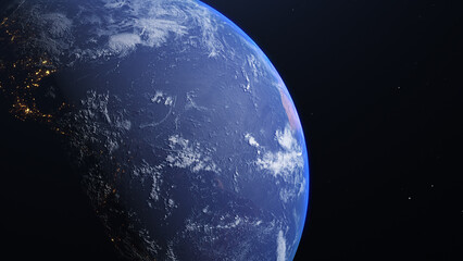 High Resolution Planet Earth view. The World Globe from Space in a star field shows the terrain and clouds.