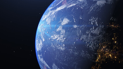 High Resolution Planet Earth view. The World Globe from Space in a star field shows the terrain and clouds. Elements of this image are furnished by NASA.