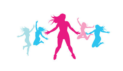 Fototapeta na wymiar silhouette colorate di ragazze che saltano su sfondo bianco
