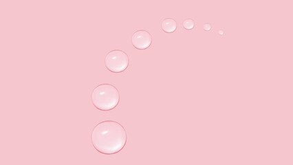 Drops of transparent gel or water in the shape of a semi-circle, with decreasing size. On a pink...