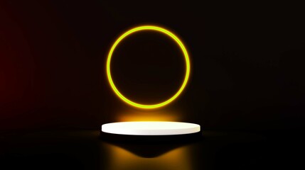White realistic 3d cylinder stand podium with glowing yellow neon in circle shape. Abstract 3D Rendering geometric forms. Minimal scene. Stage showcase, Mockup product display.