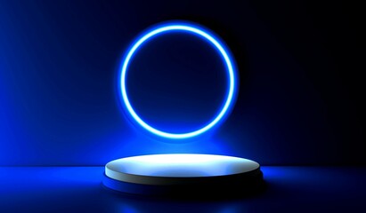 Blue realistic 3d cylinder stand podium with glowing white neon in circle shape. Abstract 3D Rendering geometric forms. Minimal scene. Stage showcase, Mockup product display.