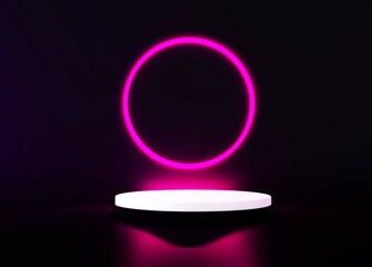 Red realistic 3d cylinder stand podium with glowing white neon in circle shape. Abstract 3D Rendering rendering geometric forms. Minimal scene. Stage showcase, Mockup product display.