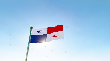 Panama flag. 3D realistic waving flag background. Flag of Panama flag waving in the wind, sky and sun background. 3d rendering.