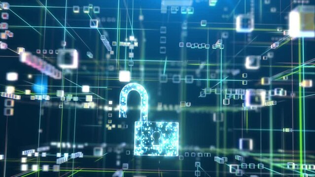 Cyber Security. Camera Flies Through the Digital Data Network to the Closing Lock. Beautiful 3D Animation