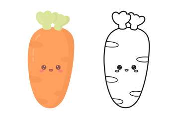 Cute kawaii carrot. Coloring book, page for kids. Vector vegetable with funny face in doodle and flat style