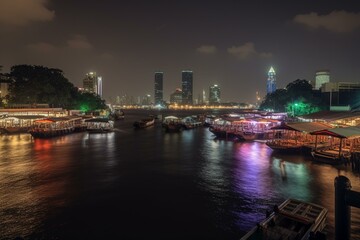 Fototapeta na wymiar Timelapse of Bangkok's Sathorn pier on Chaopraya river with various boats. Generative AI