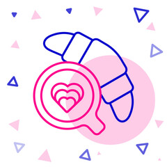 Line Coffee cup with croissant icon isolated on white background. Tea cup. Hot drink coffee. Colorful outline concept. Vector