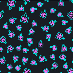 Line Bottle with potion icon isolated seamless pattern on black background. Flask with magic potion. Happy Halloween party. Vector