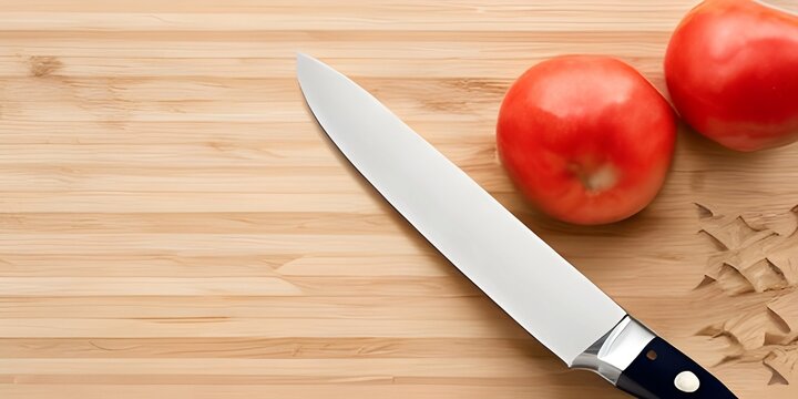 This picture depicts a knife resting on a cutting board alongside various vegetables, suggesting the preparation of a meal.
