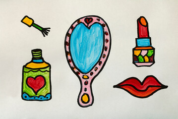 Set for girls: nail polish mirror lipstick illustration - children art acrylic painting for kids artwork